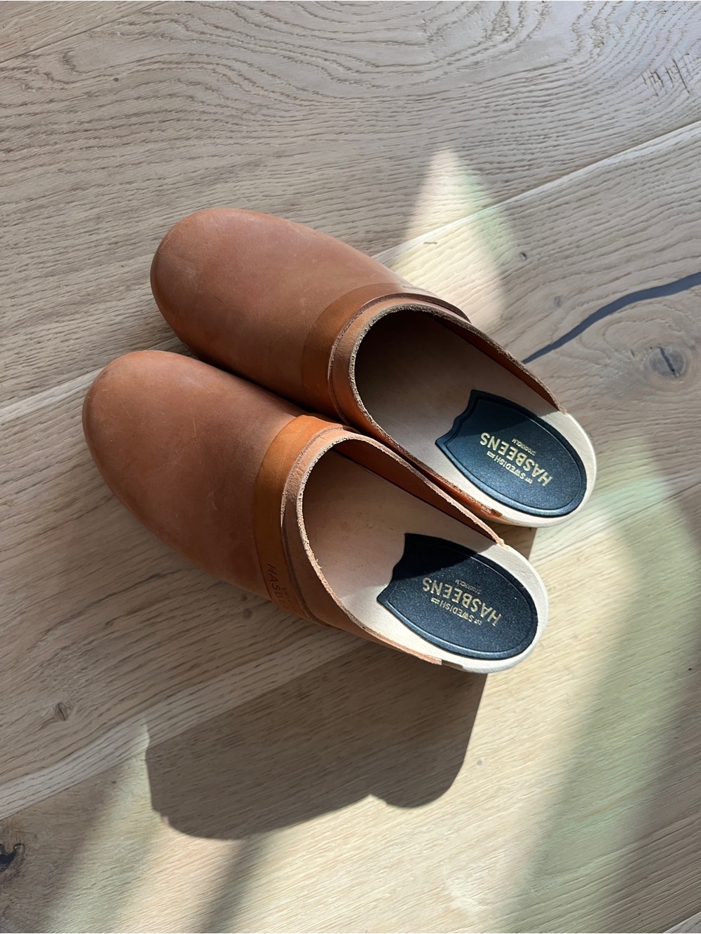 Swedish Hasbeens Tan Leather Slip-On Clogs
